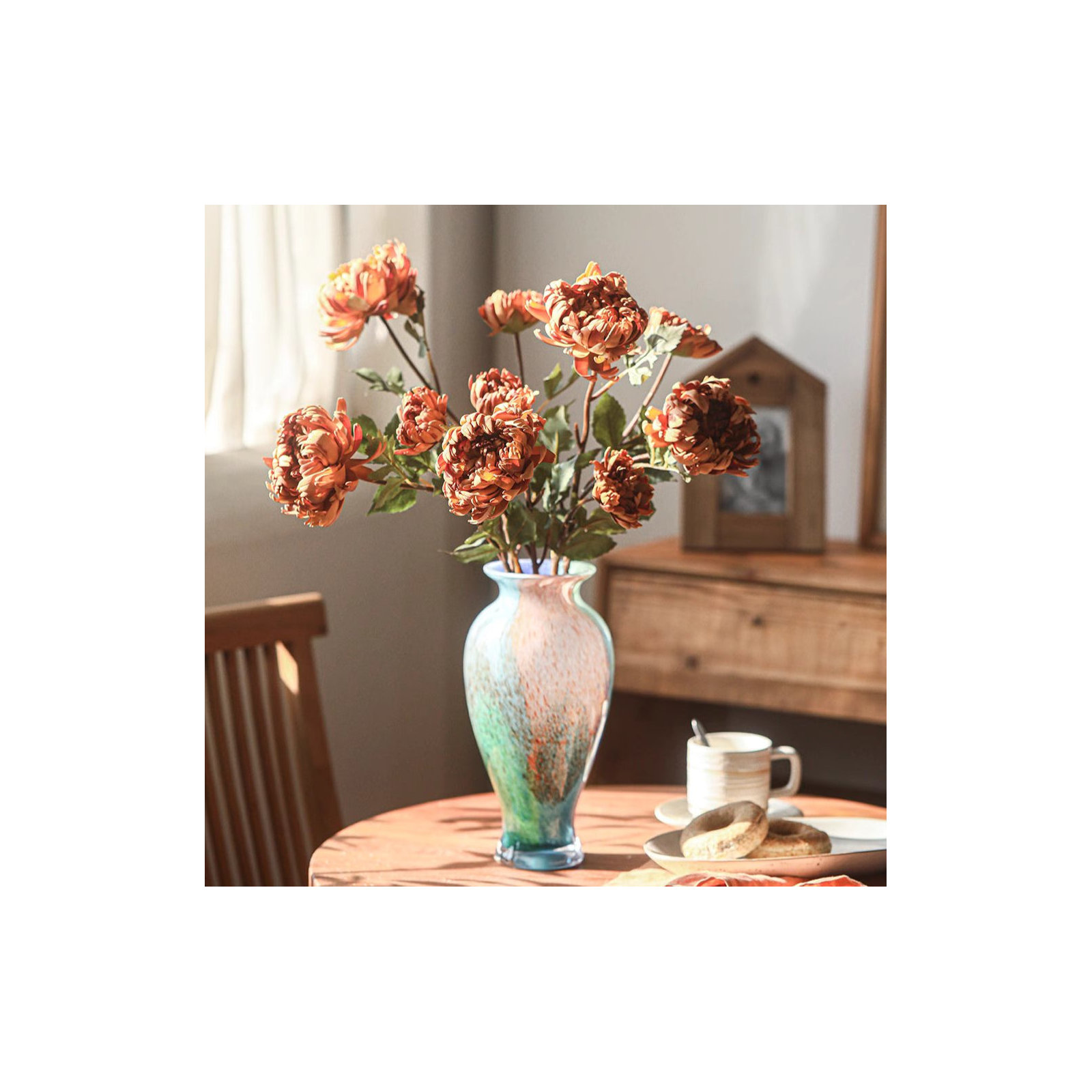 Two-Head Seattle Dahlia Flower Stem 26.7" Tall, Orange