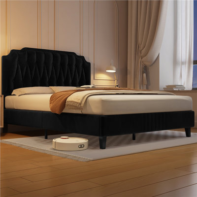 Upholstered Bed Frame with with Diamond Button-Tufted Headboard