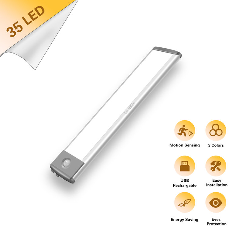 LEPOTEC 8.03Inch 35 LED 3 Colors Wireless Rechargeable Motion Sensor Cabinet Light