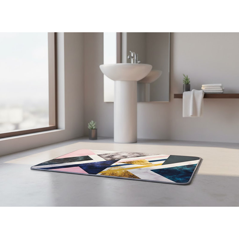 Modern Navy & Blush Geometric 3-Piece Bathroom Rug Set: Gold-Accented Abstract Non-Slip Bath Mat, Rug, and Lid Cover