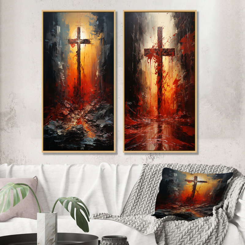 Croix au calvaire sang rouge collage - ensemble de 2 reproductions d'art mural Christianisme, Cadre flottant brun