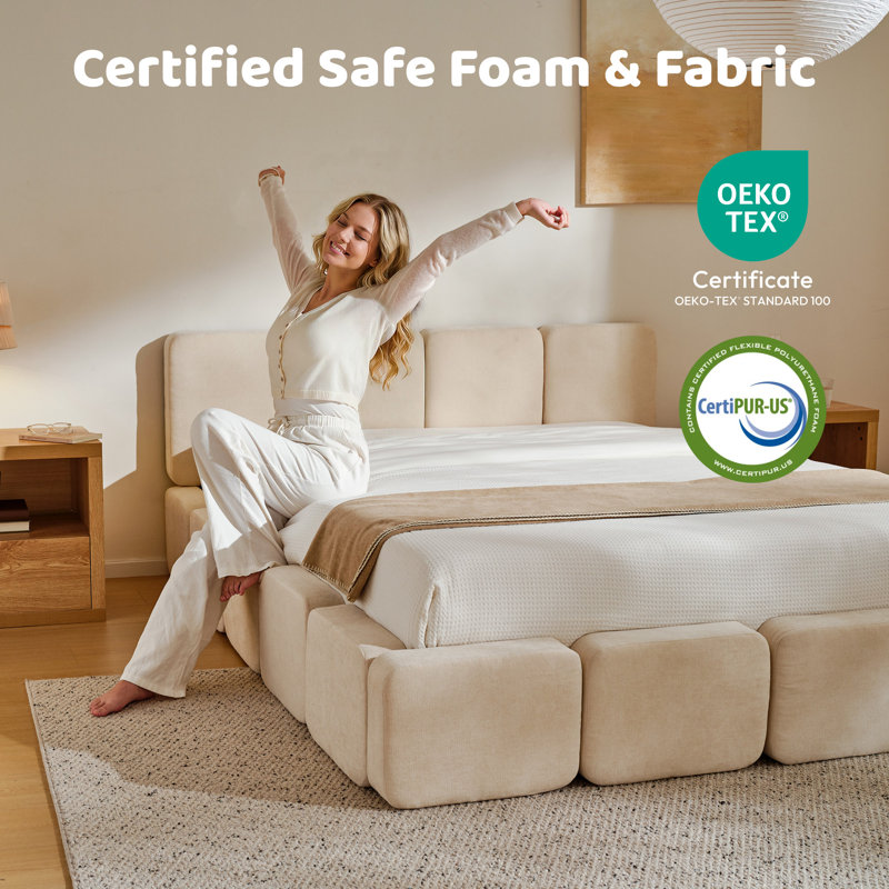  Cloud King Upholstered Platform Bed Frame, Low Profile Grounded Design With Plush Headboard & Footboard, Wood Slat Support, Noise-Free, No Box Spring Required