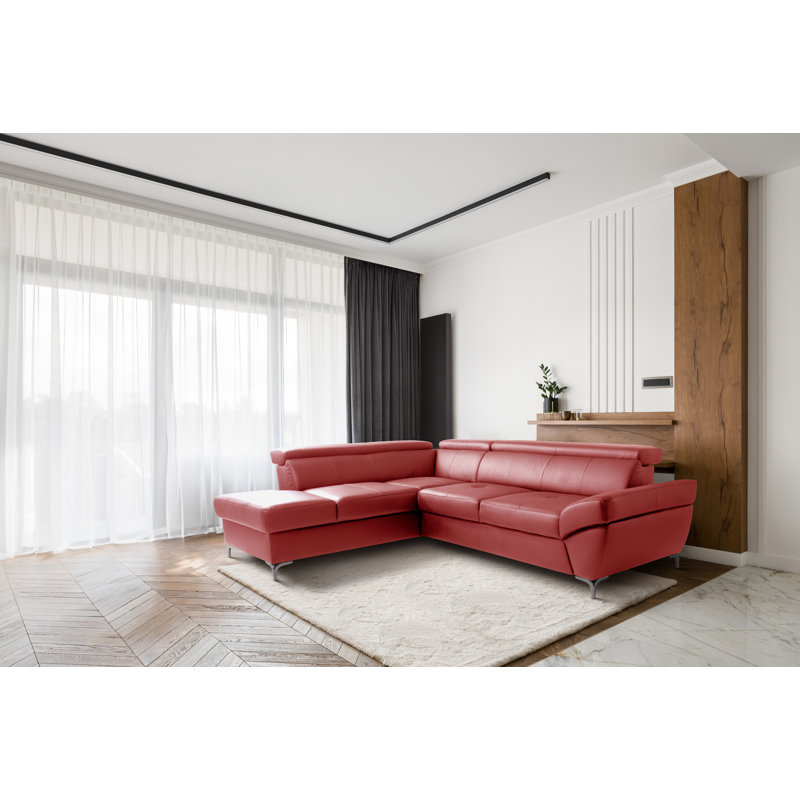 CAPRI Genuine Leather Corner Sofa with Pull-Out Bed and Storage and Adjustable Headrests, Red, Left Hand Facing