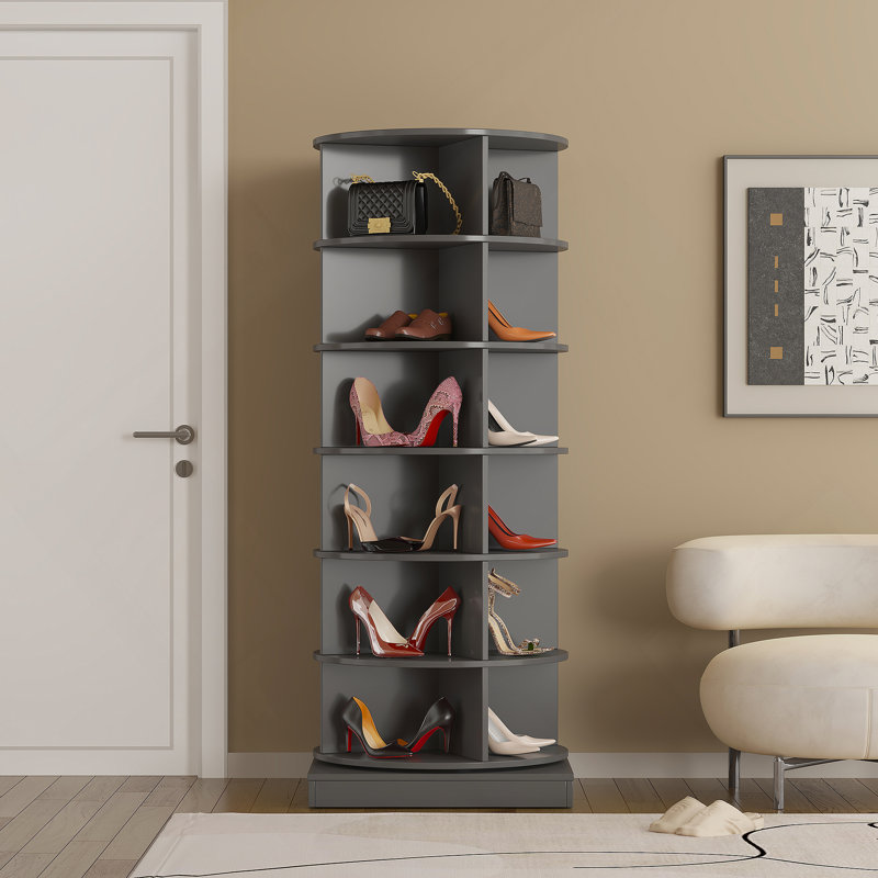 Grey 360 Rotating Shoe Cabinet 6 Layers, Gray, 56.24" H x 23.72" W x 23.72" D