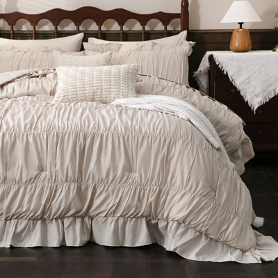 Beige Ruffle Comforter Set Queen Size,ruched Boho Bedding 9-piece Bed-in-a-bag For All Seasons,fluffy Luxury Ruffle Bedding Set With Comforter, Flat Sheet, Fitted Sheet, Pillow Shams, Pillowcases
