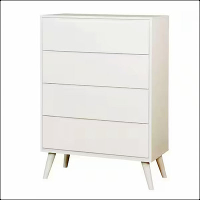 Commode moderne à quatre tiroirs Mid-Century avec poignées encastrées et pieds ronds effilés, finition blanche pour la chambre à coucher