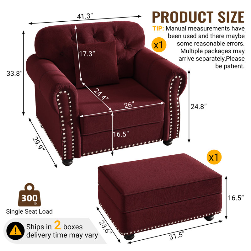 Petit fauteuil d'appoint rembourré avec repose-pieds Mid-Century, Bourgogne