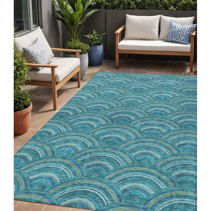 Tapis extérieur lavable géométrique bleu sarcelle 5 pi x 8 pi bleu sarcelle