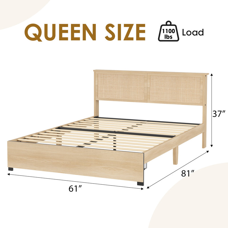Structure de lit grand format en bois avec tête de lit en rotin naturel, 2 tiroirs de rangement, sans sommier, Grand lit