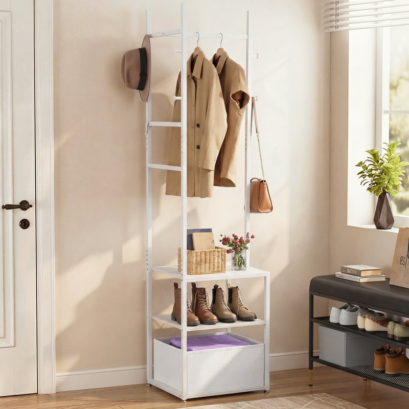 Industrial Entryway Coat Rack with Drawer & 2 Shelves, White