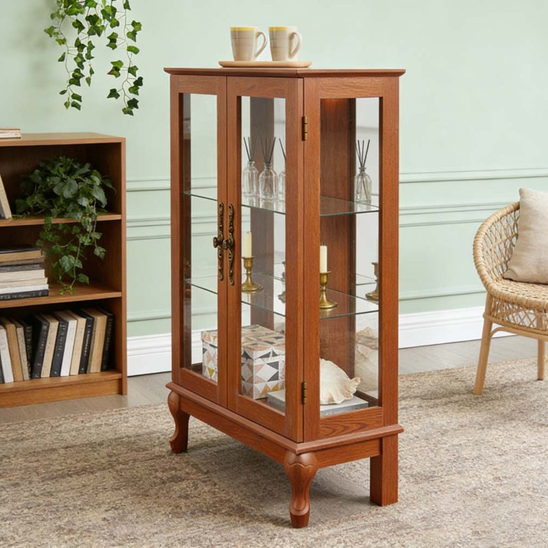 2 Doors Curio Cabinet with Tempered Glass Doors,, Dark Oak