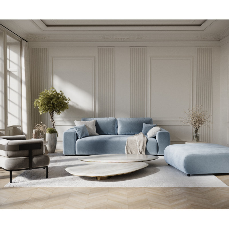 Three-seater square arm sofa, Blue Velvet