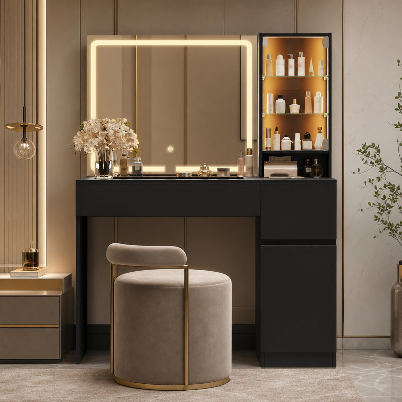 Meuble-lavabo avec plateau en verre, miroir lumineux (3 modes d'éclairage), 2 tiroirs, rangement pour bijoux et prise de courant pour la chambre à coucher