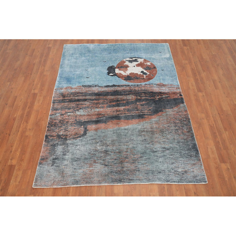 Tapis Peaceful Seascape fait à la main 6 x 7 avec motif de soleil levant