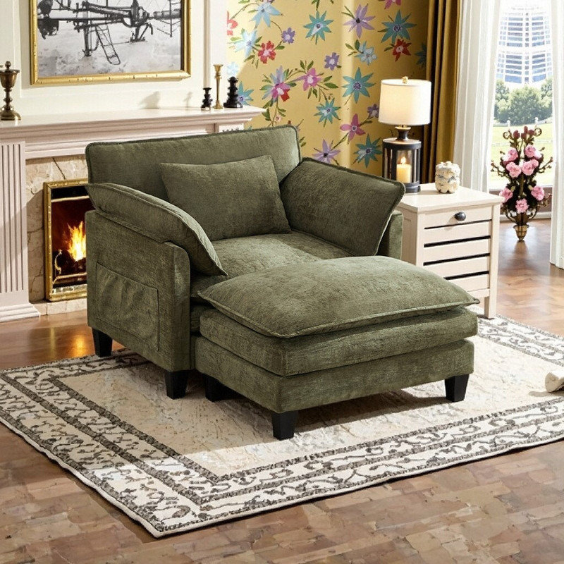 Fauteuil d'appoint de 42 pouces de large avec structure en bois massif de repose-pieds amovible et coussin double couche
