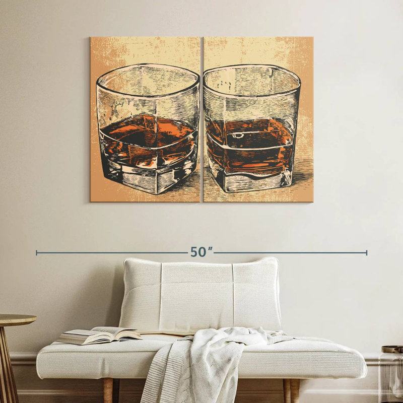 Ensemble de 2 verres à whisky rétro sur toile, H 30 po x l 41 po x P 1,25 po
