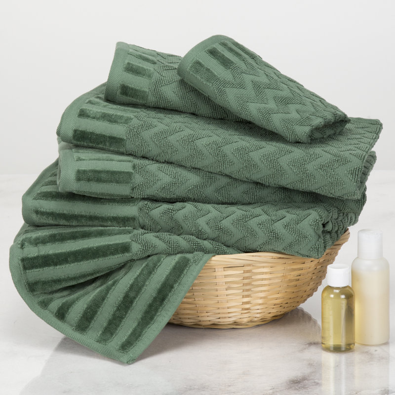 Harva 6-Piece Cotton Bath Towel Set – Chevron Pattern Plush Sculpted Spa Luxury Decorative Towels, Green