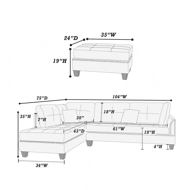 Reversible Polyfiber Sectional Sofa With Ottoman, Black