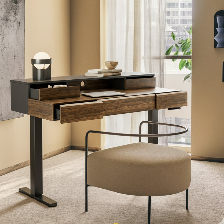 Electric Adjustable Standing Desk, Computer Desk With 5 Drawers & Monitor Riser, Walnut/Black