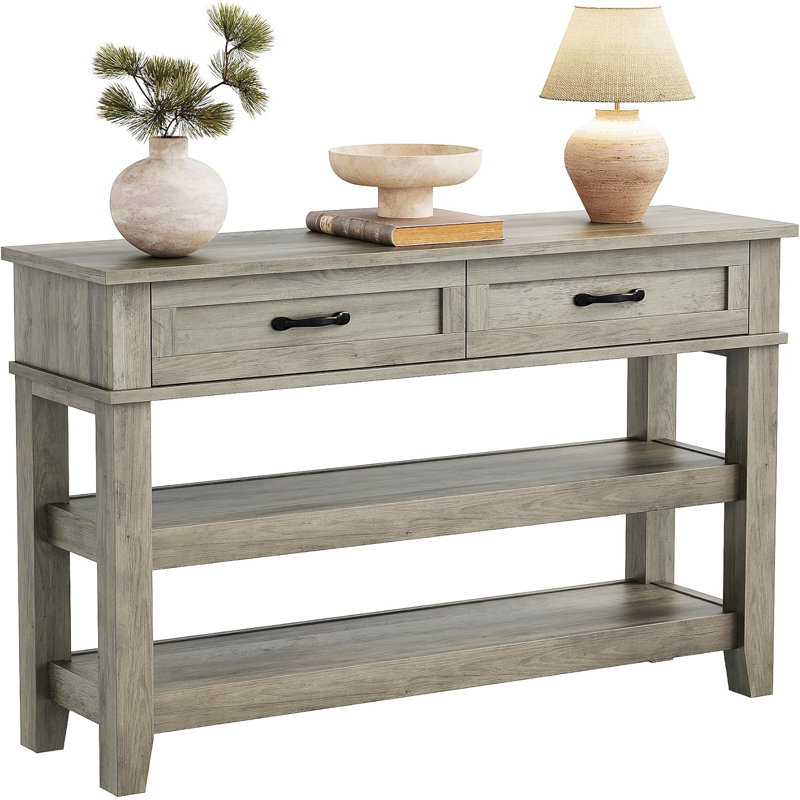Table de couloir 47,2 po à 3 niveaux avec 2 tiroirs et 3 rangements, canapé d'entrée en bois massif