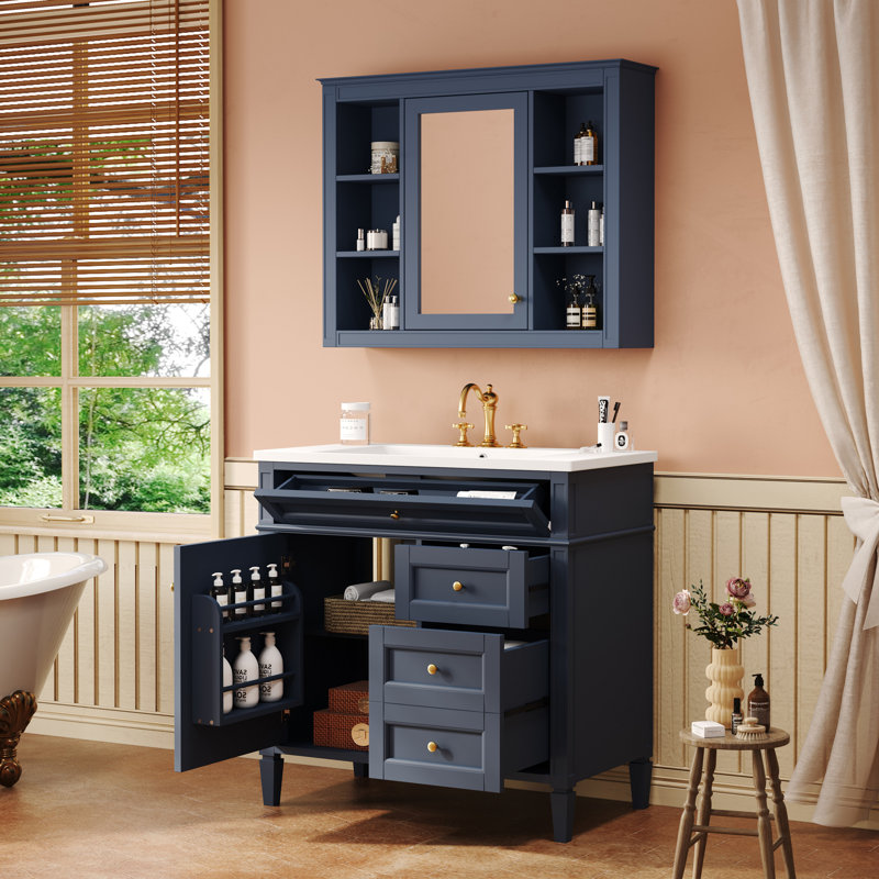 Meuble-lavabo de 36 po avec lavabo supérieur, armoire de rangement moderne avec miroir, 2 tiroirs et un tiroir basculant, armoire-miroir avec 6 tablettes ouvertes, meuble-lavabo simple