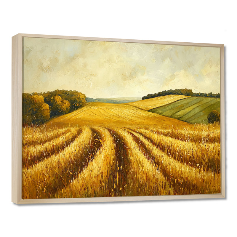 Paysage champêtre doré en automne III - campagne, art mural, H 34 po x l 44 po, Cadre flottant, Doré