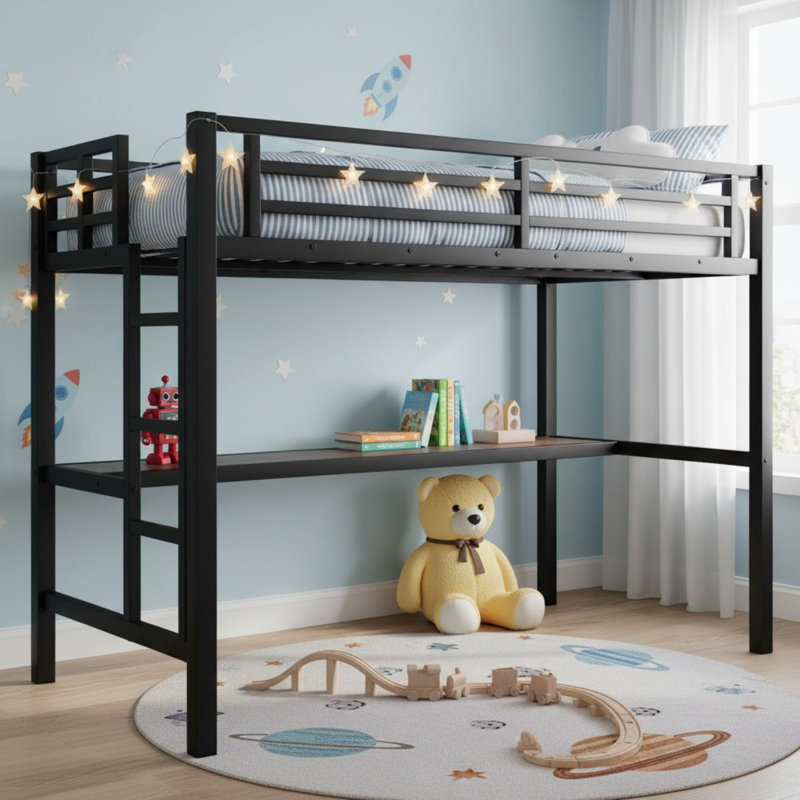 Metal Twin Size Loft Bed with Power Outlet and LED Lighted for Bedroom, Twin