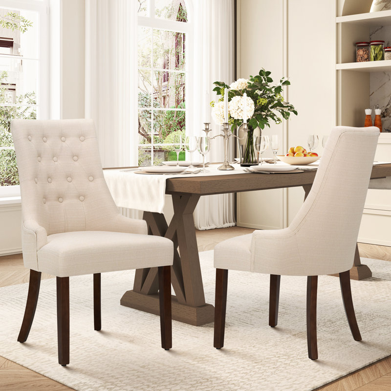 Set of 2 Wingback Dining Chairs, Solid Wood Frame with Linen-Textured Upholstery & Tufted Back, Beige