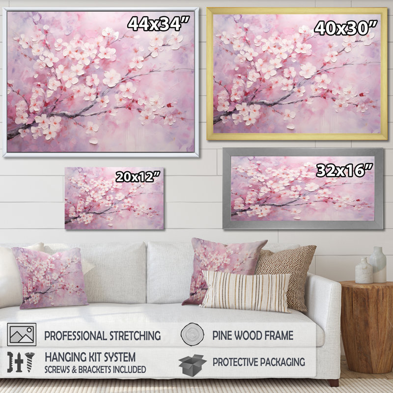 Minimalisme cerisier rose sur toile, H 24 po x l 32 po x P 1 po, Cadre doré simple