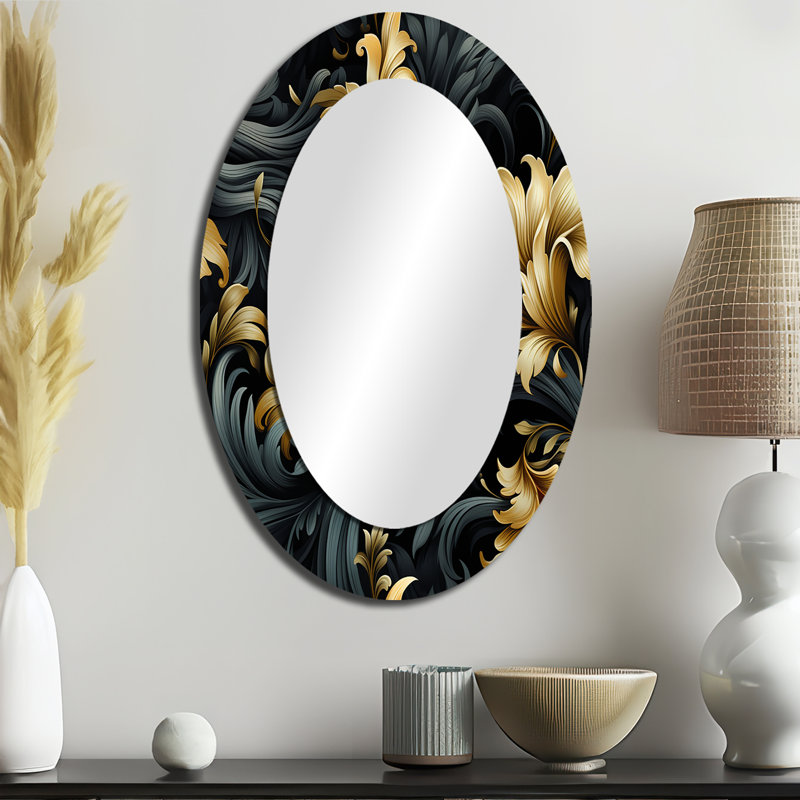 Elegant Ebony And Beige Flowers Pattern - Paisley Oval Decorative Mirror On Metal, 36" H x 24" W