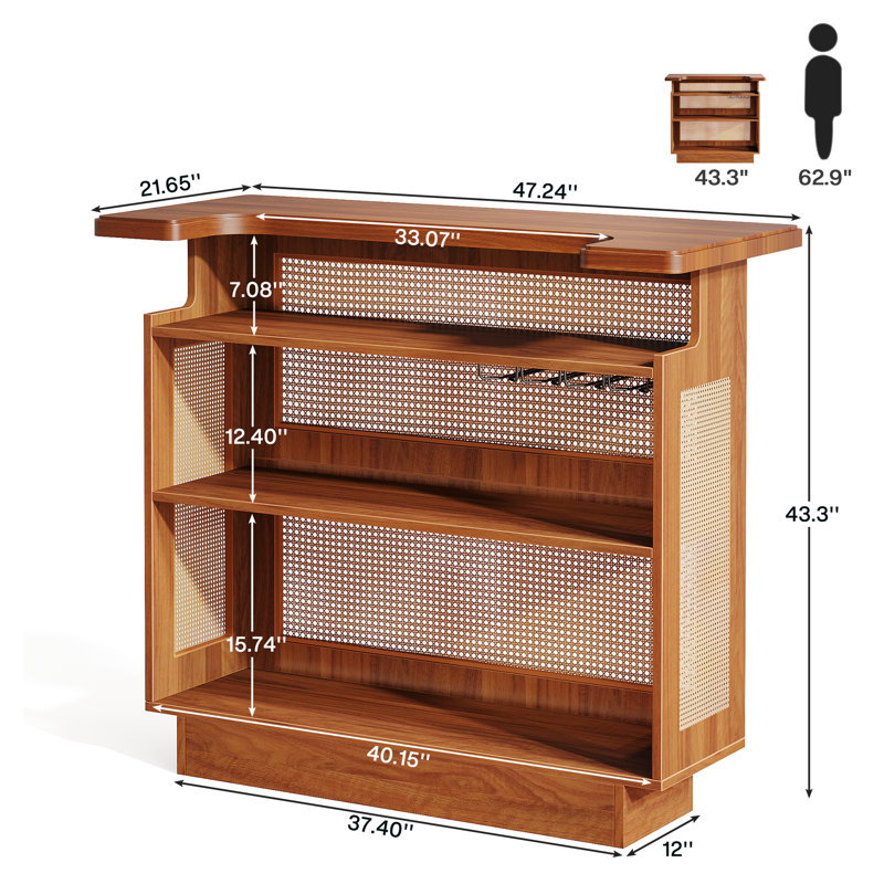 Farmhouse 4-Tier Home Bar Unit, Liquor Bar Table Cabinet, Rattan Brown