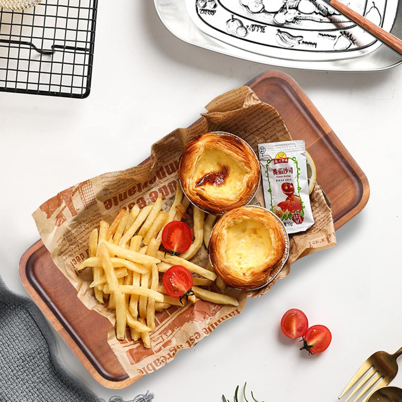 Ensemble de 4 plateaux de service rectangulaires en bois d'acacia (25,4 x 14 x 1,5 cm), compatibles avec les aliments, pour la cuisine, la table basse, le petit-déjeuner, le goûter et comme plateaux de rangement décoratifs.