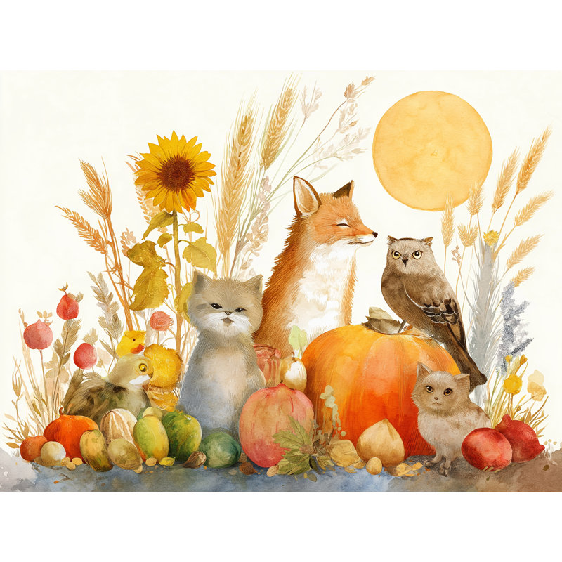 "Autumn Forest" avec citrouilles et tournesols, art mural sur toile, H 24 po x l 36 po