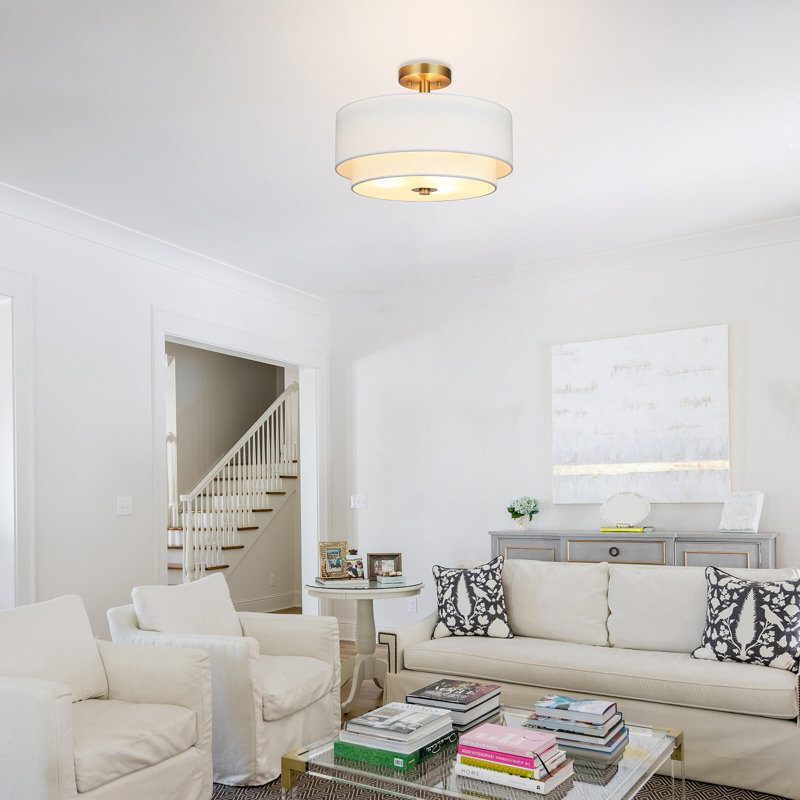 Plafonnier moderne à 3 lumières près du plafond de 16 pouces avec abat-jour en tissu blanc pour le salon d'entrée de chambre à coucher