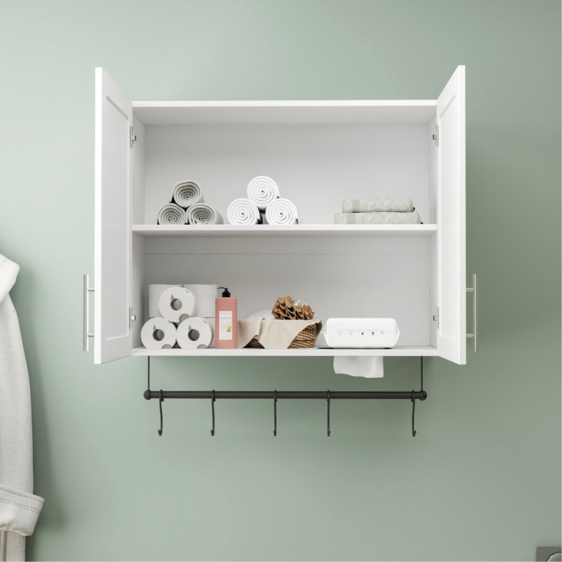 Armoire murale blanche pour salle de bain avec tablette réglable, barre à serviettes, 5 crochets - panneau de particules de 15 mm, pour l'organisation de la cuisine, rangement au-dessus de la toilette 31,68 x 11,79 x 30 po, armoire, blanc, crochets, tableau,