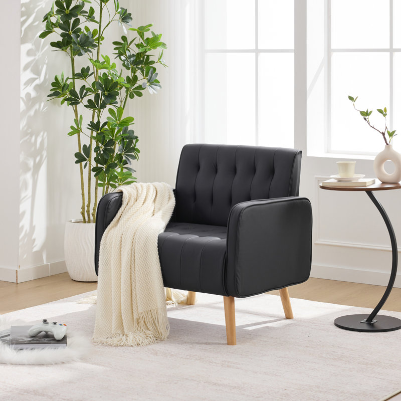 Fauteuil d'appoint capitonné en similicuir avec pieds et poches en bois, Noir