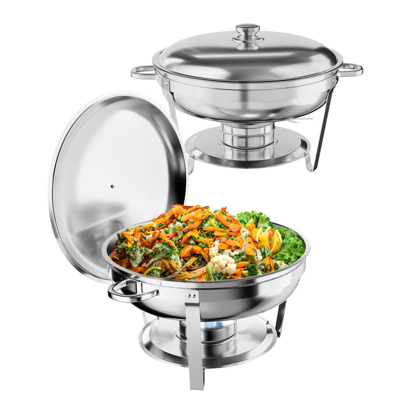 2-Pack Round Chafing Dish Buffet Set, 5QT Stainless Steel Food Warmers, Complete 6-Piece Server with Water and Food Pans, Lid, Frame for Catering, Parties, Events