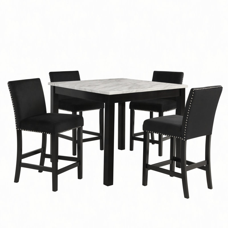 Ensemble de salle à manger à hauteur de comptoir 5 pièces Carré Faux Table de marbre Velours rembourré capitonné chaises à clous Pieds en bois Mobilier de salle à manger