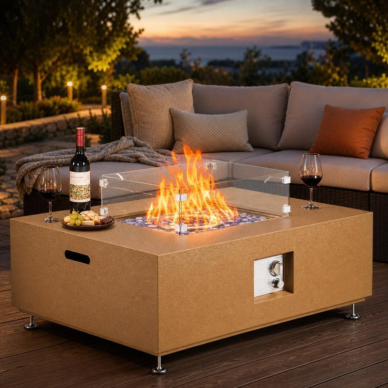 Table de foyer d'extérieur au propane 36 po - Chauffe-terrasse carré 50 000 BTU avec pare-vent, perles de verre et couvercle amovible