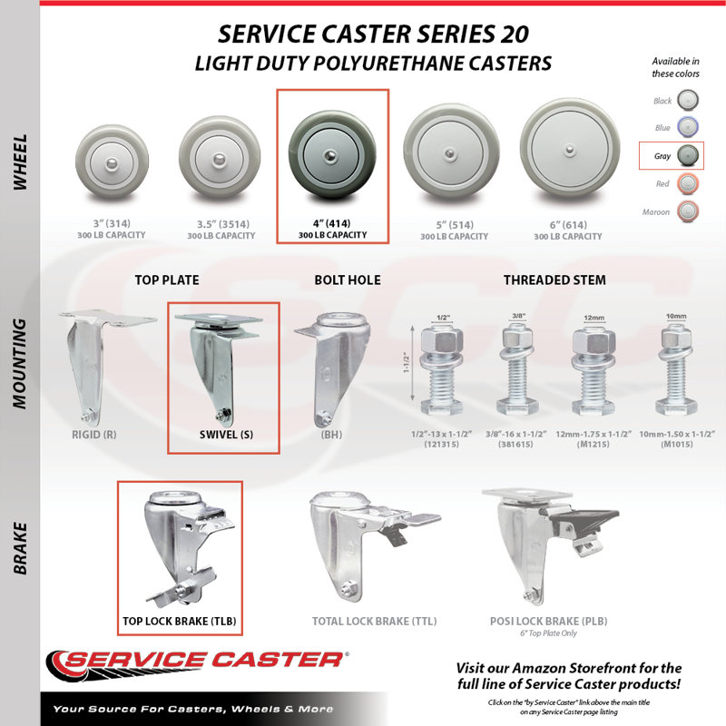 4 Piece Polyurethane Caster Set with Brake, Gray