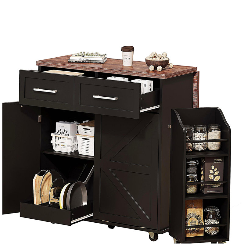 Îlot de cuisine de 47,2 po avec abattant K&K Farm, îlot de rangement avec supports latéraux amovibles, deux tiroirs, chariot de cuisine sur roulettes avec porte-serviettes, pour la maison, la cuisine, la salle à manger, noir