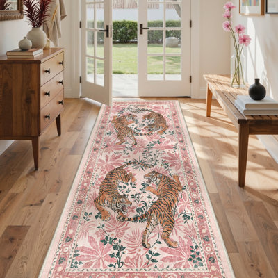 Tapis oriental rouge lavable à la machine avec envers antidérapant Gemini