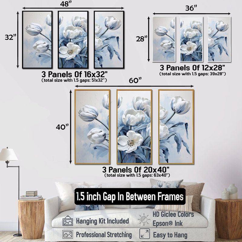Minimalisme, tulipes bleues et blanches Brushstrokes - ensemble d'art sur toile, H 28 po x l 36 po x P 1 po