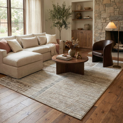 Rug Branch Nira 7' x 10' (6'7" x 9'6") Beige/Brown Abstract Indoor Area Rug, Contemporary, Medium Pile, Stain-Resistant Carpet - Living Room, Bedroom, Dining Room, and Kitchen