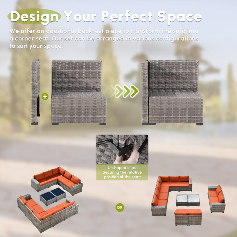 Ensemble de mobilier de patio pour 10 personnes, ensemble de conversation modulaire en rotin et osier avec coussins, ensemble de conversation pour canapé toutes saisons avec table pour jardin