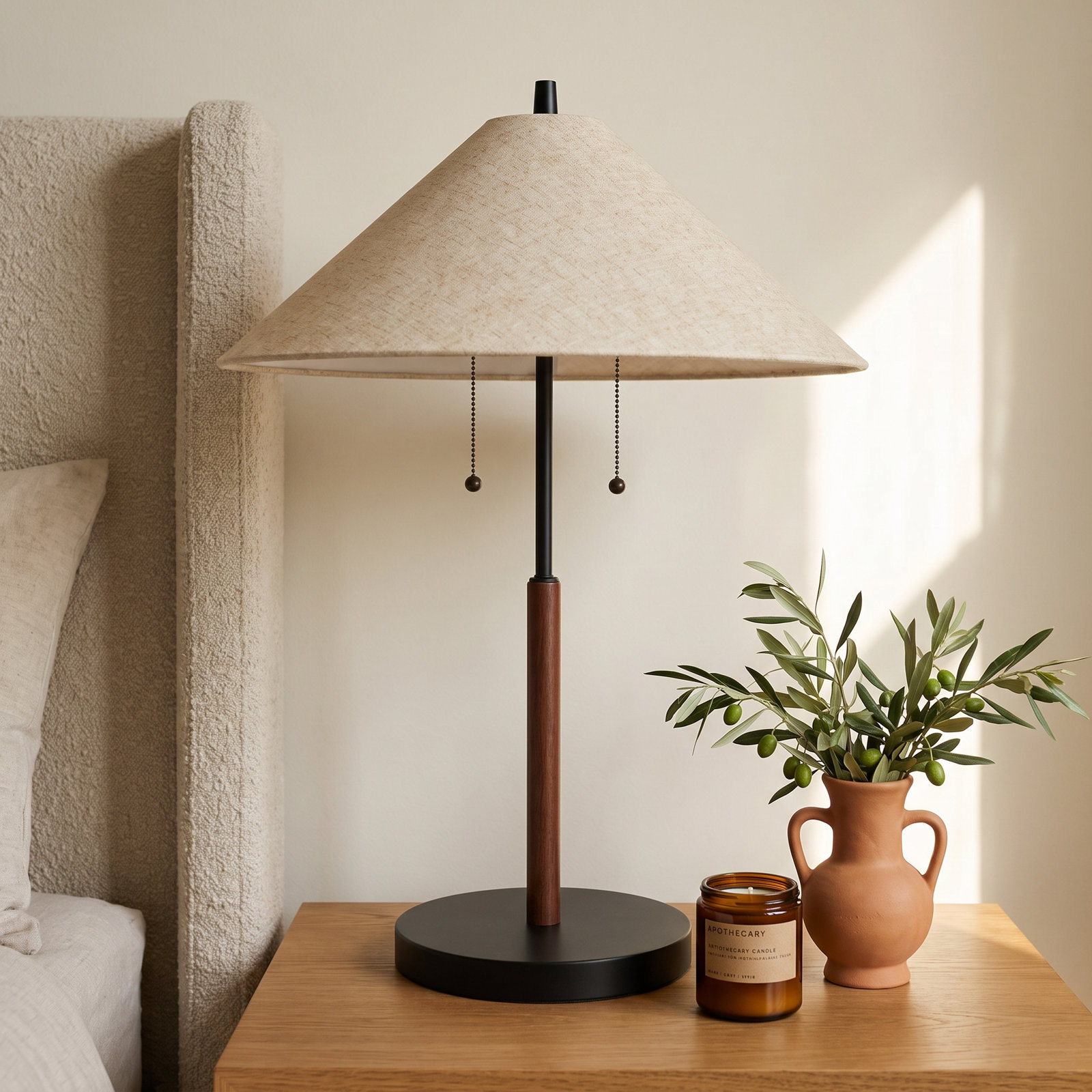 Florina Bedside Lamp, Black/Walnut, Light Brown