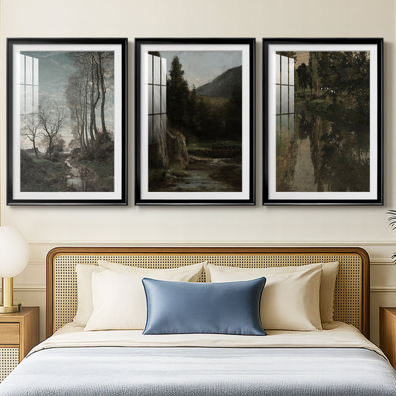 Paysage rétro CXLV - impression encadrée sur mesure de qualité supérieure - 3 pièces, Noir, H 21 po x l 30 po