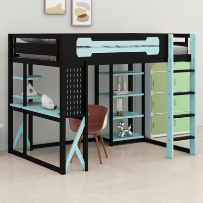 Versatile Wood Loft Bed with Integrated Desk, Shelves, Power Outlet & RGB Light