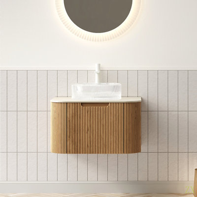DINA 24" Bathroom Vanity&Sink, Floating Curved Edges Striped Storage Cabinet With Drawer, Transparent Round Glass Basin&Travertine-Pattern Sintered Stone Top, Pre-Assembled