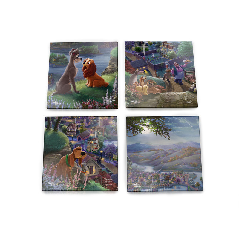 (Symboles) Ensemble de sous-verres en verre Starfire, Thomas Kinkade / Dame et le clochard tombant amour